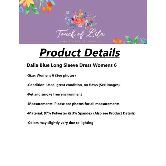 Dalia Womens Dress Long Sleeve Blue Size 6 - Picture 16 of 16